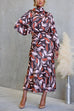 Tie Bow High Neck Long Sleeves Waisted Print Midi Dress