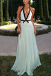 Rebadress Deep V Neck Halter Backless Color Block Bow Maxi Dress
