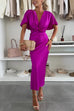 Rebadress V Neck Twist Front Waisted Satin Midi Dress