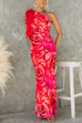 Rebadress Ruffle One Shoulder Floral Print Bodycon Maxi Dress