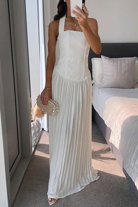 Halter Sleeveless Pleated Splice Maxi Dress