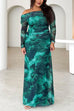 Off Shoulder Long Sleeves Watercolor Print Maxi Dress