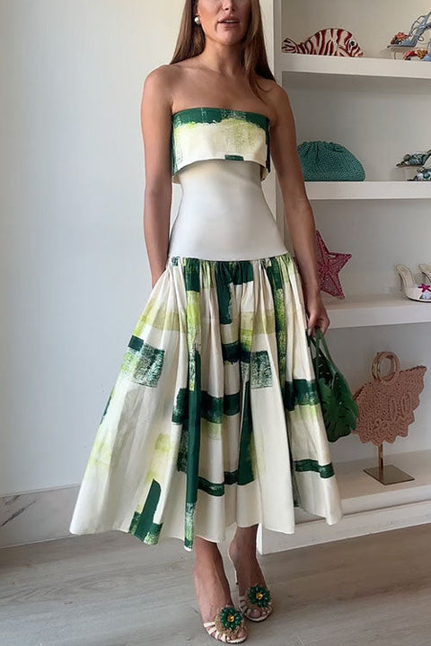 Strapless Drop Waist Printed Flare Midi Dress