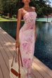 Rebadress Strapless Floral Print Mesh Bodycon Maxi Dress