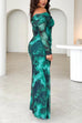 Off Shoulder Long Sleeves Watercolor Print Maxi Dress