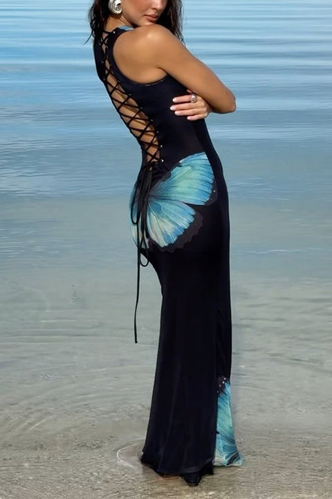 Rebadress Back Lace-up Sleeveless Butterfly Print Maxi Dress
