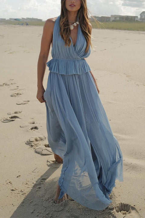 Rebadress Halter Backless Ruffle Top and Elastic Waist Pleated Maxi Skirt Set