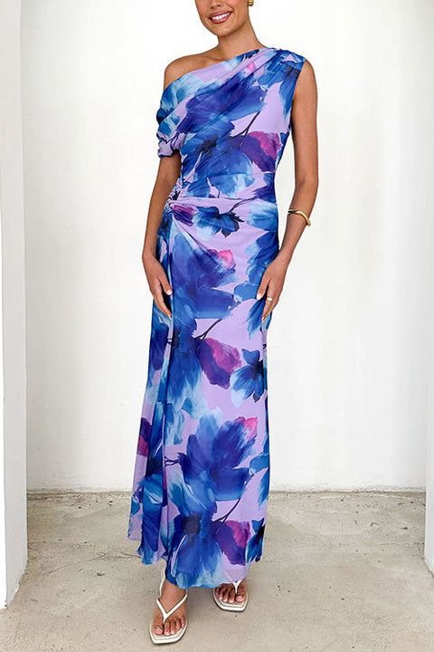One Shoulder Ruched Floral Print Maxi Dress