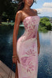 Rebadress Strapless Floral Print Mesh Bodycon Maxi Dress