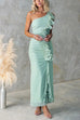 Rebadress One Shoulder Slit Ruffle Mesh Maxi Dress