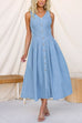 V Neck Sleeveless Button Up Waisted Denim Swing Midi Dress