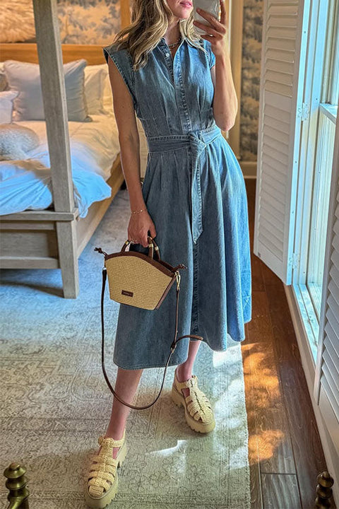 Collared Cap Sleeves Button Down Denim Midi Dress