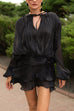 Rebadress Long Sleeves Lace-up Tie Waist Ruffle Mini Dress