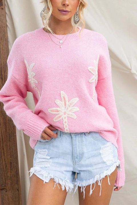 Crewneck Coconut Tree Embroidery Pullover Sweater