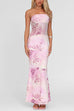 Rebadress Strapless Floral Print Mesh Bodycon Maxi Dress