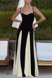 Rebadress Low Cut Color Block Swing Maxi Cami Dress