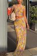 Rebadress Lace Floral Print Short Sleeves Crop Top and Bodycon Maxi Skirt Set