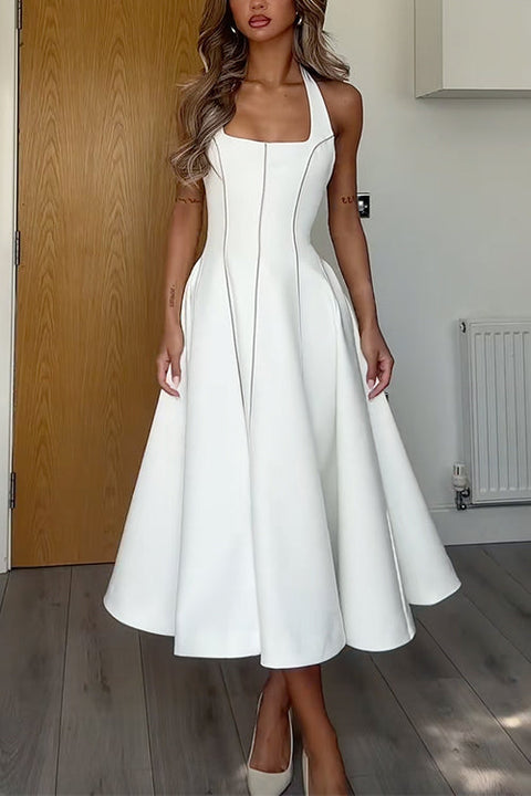 Rebadress Halter Neck Backless Hollow Out Swing Midi Dress