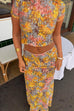 Rebadress Lace Floral Print Short Sleeves Crop Top and Bodycon Maxi Skirt Set