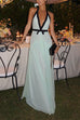 Rebadress Deep V Neck Halter Backless Color Block Bow Maxi Dress