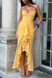 Rebadress Spaghetti Strap Frill Trim Draped Slit Maxi Dress