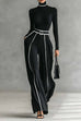 Rebadress Color Block High Neck Long Sleeves Top High Rise Wide Leg Pants Set