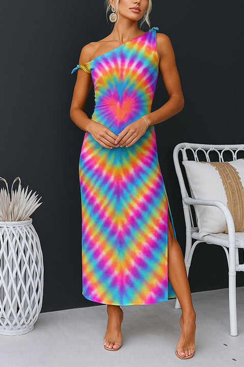 Asymmetric One Shoulder Side Slit Rainbow Print Maxi Dress