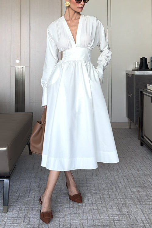 V Neck Long Sleeves Waisted Pocketed Midi Dress