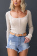 Long Sleeves Button Up Curve Hem Ribbed Knit Top