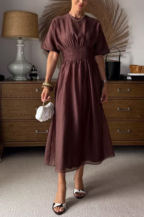 Crewneck Short Sleeves Ruched Waist Midi Dress