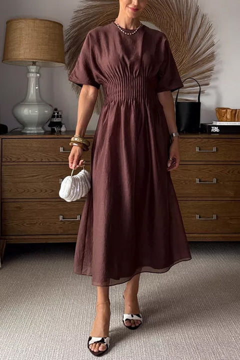 Crewneck Short Sleeves Ruched Waist Midi Dress