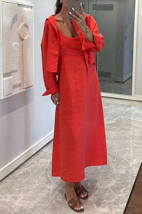 Long Sleeves Button Down Crop Shirt and U Neck Midi Dress Set