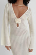 Rebadress V Neck Long Sleeves Backless Crochet Hollow Out Knit Maxi Dress