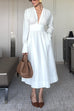 V Neck Long Sleeves Waisted Pocketed Midi Dress