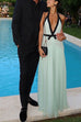 Rebadress Deep V Neck Halter Backless Color Block Bow Maxi Dress