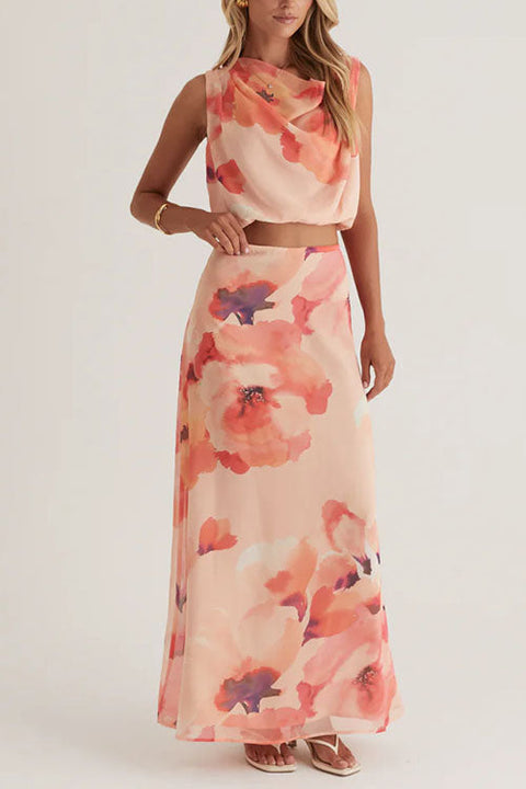 Cowl Neck Sleeveless Crop Top and Maxi Skirt Floral Print Set