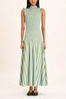 High Neck Sleeveless Smocked Bodice Striped Midi Dress