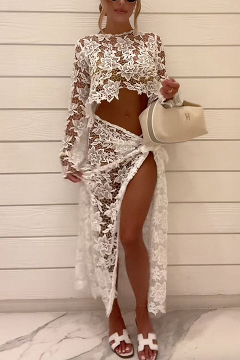 Rebadress Long Sleeves Crop Top and Tie Waist Wrap Maxi Skirt Lace Set