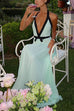 Rebadress Deep V Neck Halter Backless Color Block Bow Maxi Dress
