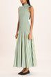High Neck Sleeveless Smocked Bodice Striped Midi Dress
