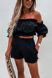 Rebadress Ruffle Off Shoulder Short Sleeves Crop Top Elastic Waist Shorts Set