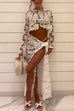 Rebadress Long Sleeves Crop Top and Tie Waist Wrap Maxi Skirt Lace Set