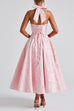 Rebadress Halter V Neck Waisted Jacquard Swing Midi Party Dress