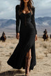 Rebadress U Neck Buttop Up Long Sleeves Ruffle Slit Maxi Dress
