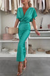 Rebadress V Neck Twist Front Waisted Satin Midi Dress