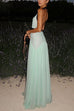 Rebadress Deep V Neck Halter Backless Color Block Bow Maxi Dress