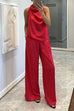 Cowl Neck Sleeveless Top and Wide Leg Pocketed Pants Satin Set
