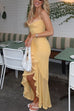 Rebadress Spaghetti Strap Frill Trim Draped Slit Maxi Dress