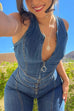 Rebadress Zip Up Sleeveless Heart Back Bell Bottom Denim Jumpsuit