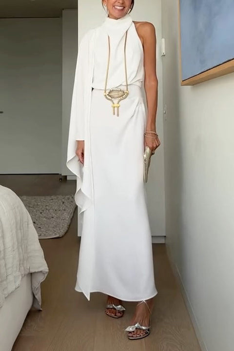 Cowl Neck One Flare Sleeve Cape Maxi Dress